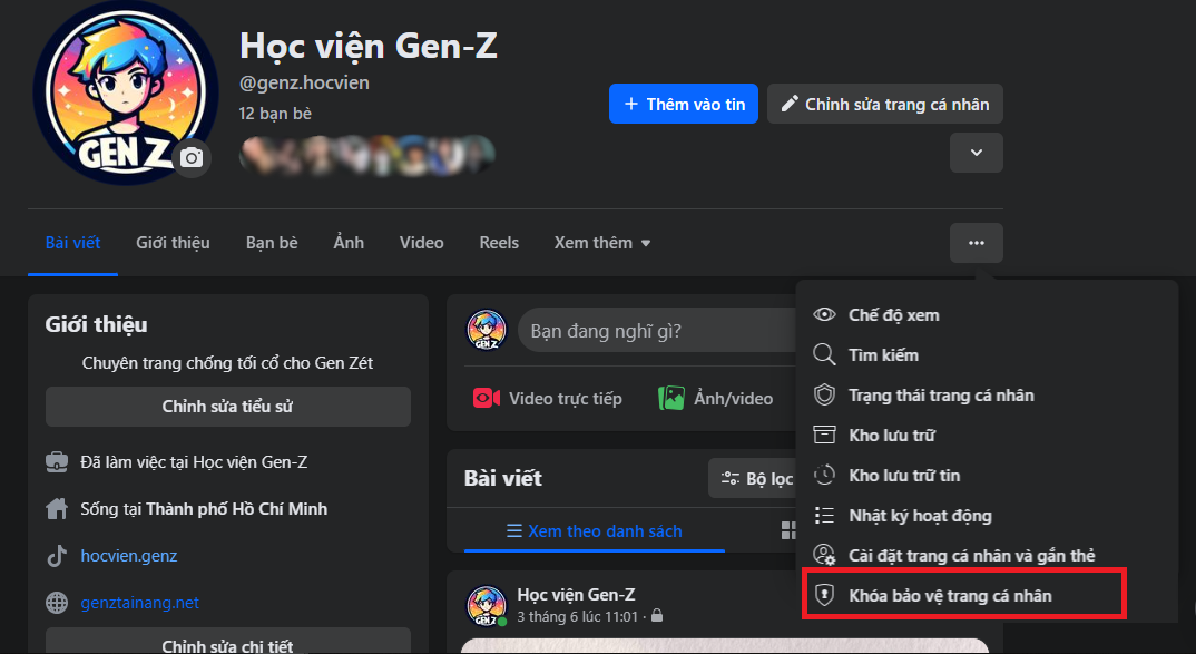 Khóa bảo vệ trang cá nhân trên Facebook